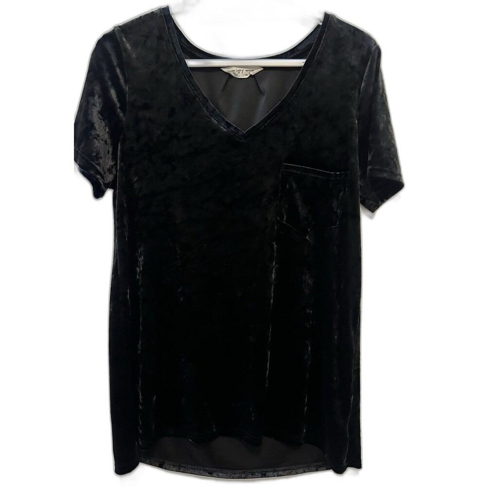 Spring + Mercer Velvet Tee Top Womens Medium Black Short Sleeve Pocket V Neck